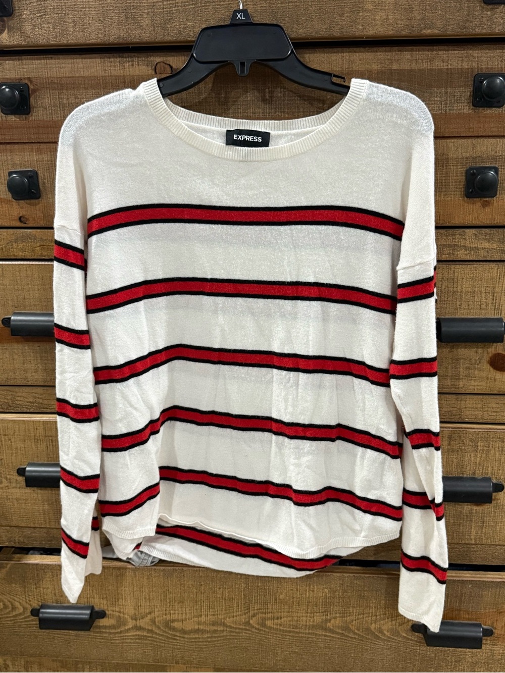 Express White Long-Sleeve Sweater with Red and Black Stripes